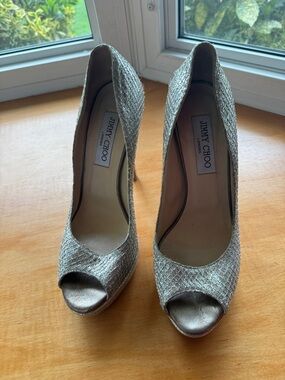 Jimmy Choo Silver Glitter Peep-Toe Pumps - size 38.5